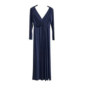 DB Studio Dress Womens 10 Blue Jersey Knit Gown Maxi‎ Deep Gathered V Neck Event